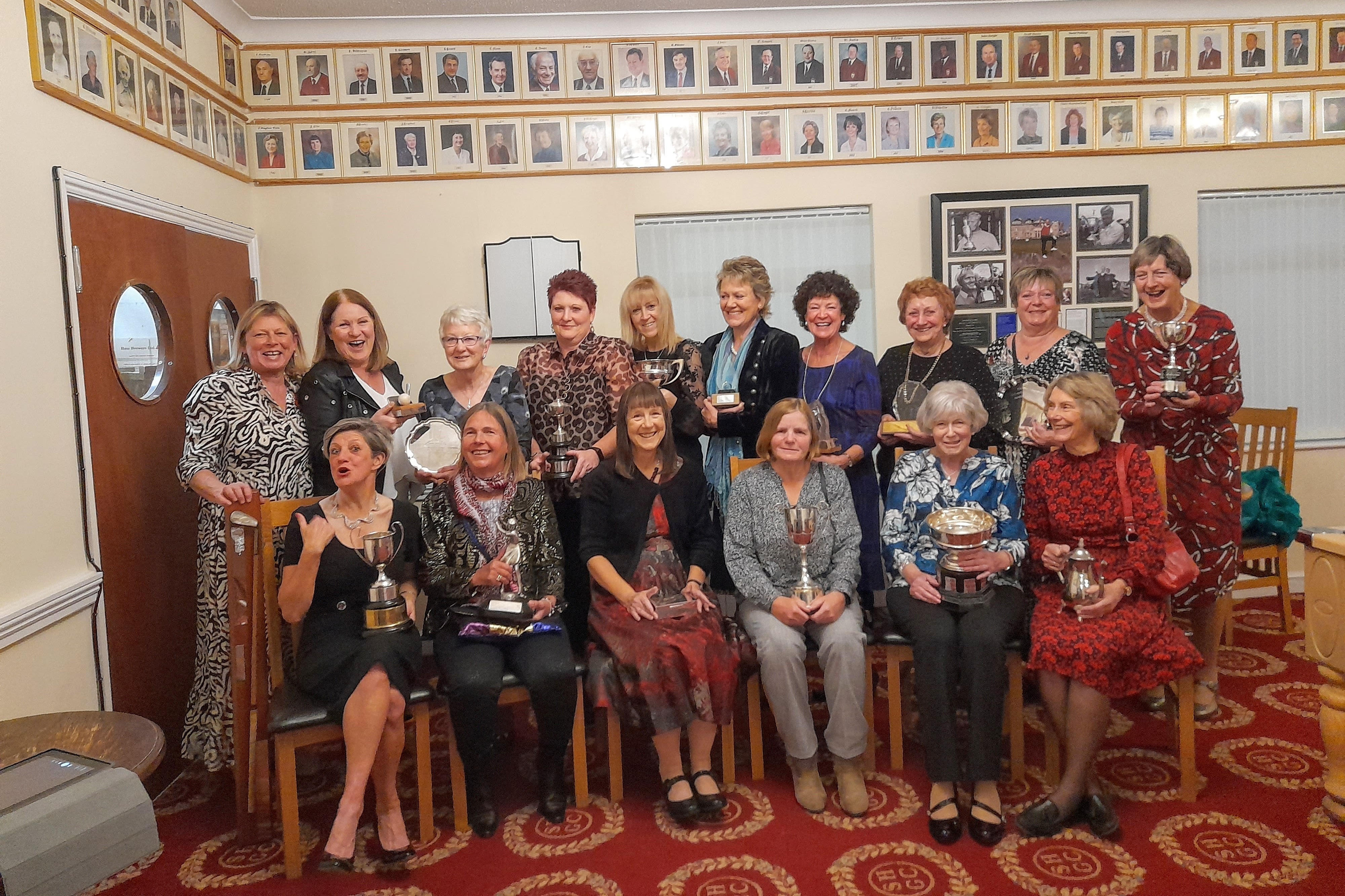 Ladies Presentation Evening 5th. November 2021: Niki Robertson won 5 trophies and a Joint Trophy with Brenda Cartwright for the Gabbett Foursomes. Back Row L to R: Nicky Pearce, Jo Gelder, Anne Andrews, Mandy Pritchard (Lady Captain), Lin Pullen, Lindsay Hilton, Sue Slate, Olive French, Pam Savage, Jill Elliott.  Front Row L to R: Niki Robertson, Veronica Higgins, Jenny Meredith, An Crawley, Brenda Cartwright, Helen Finnigan.