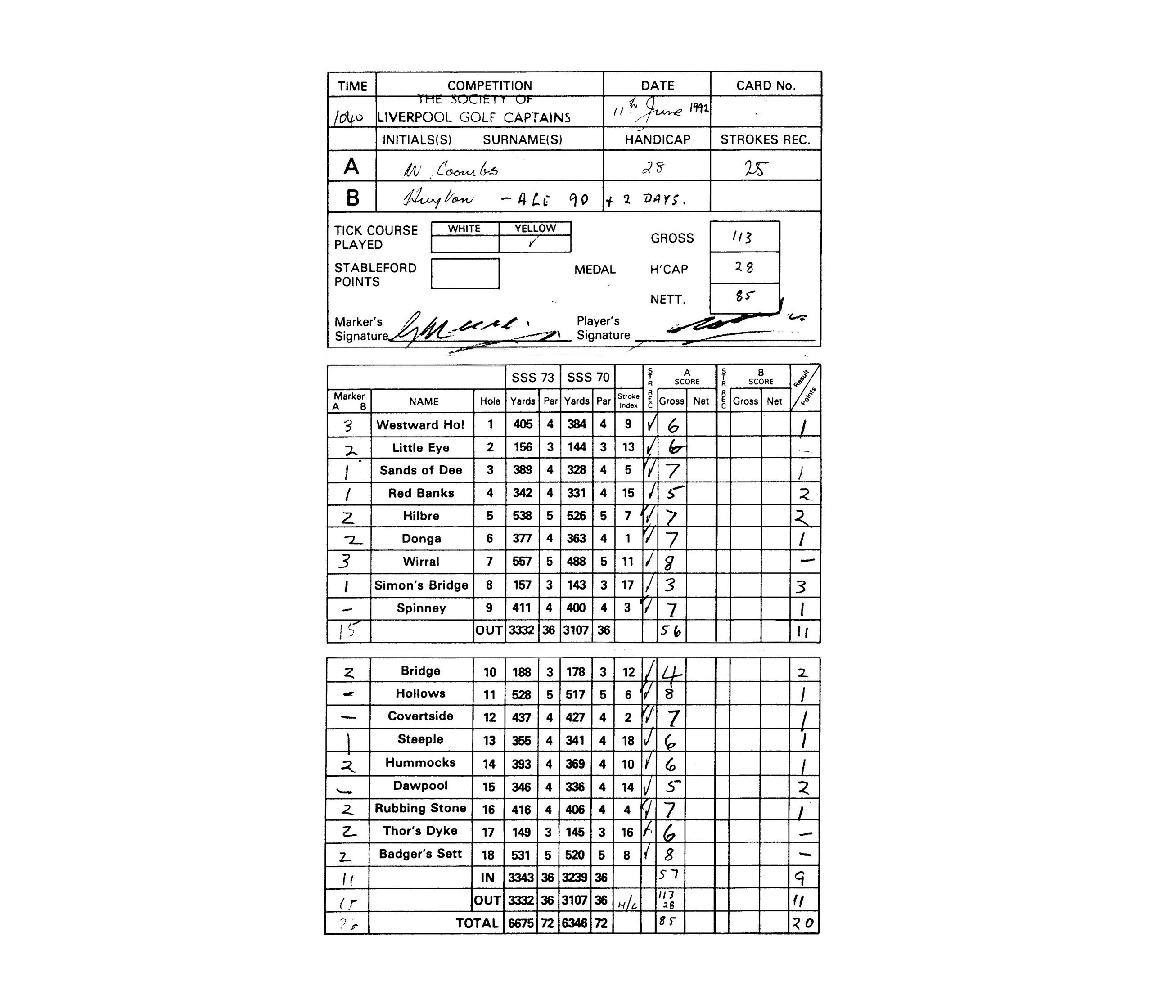 Walter Coombs scorecard at Caldy, 1992, expand for full details