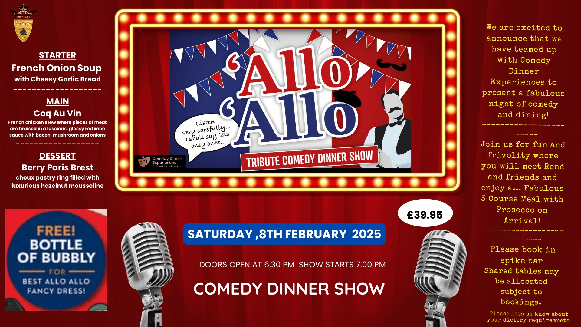 Allo Allo Comedy Dinner Show - Saturday ,8th February  2025