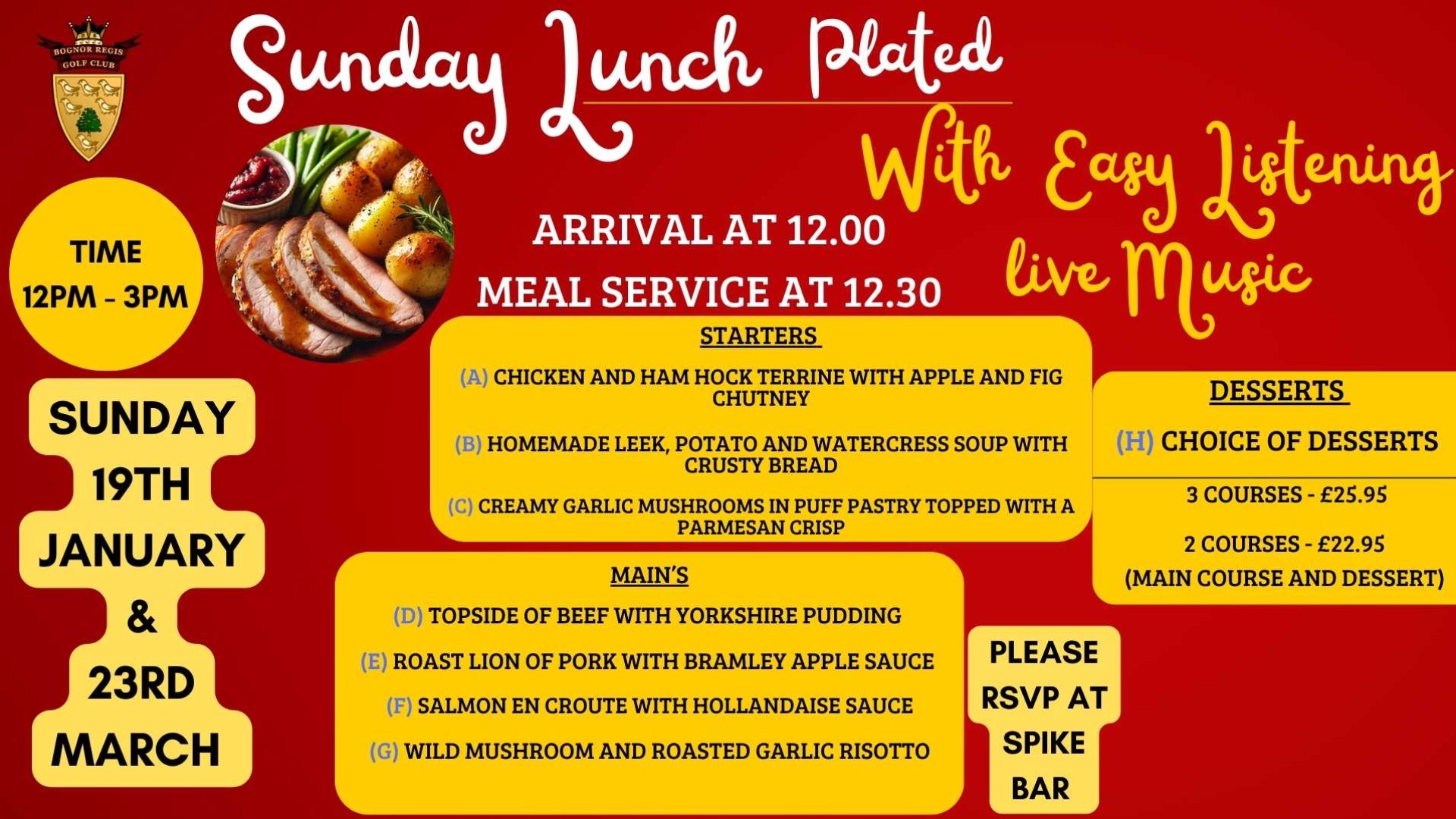 Live Entertainment Sunday Lunch  : 19th January & 23rd March