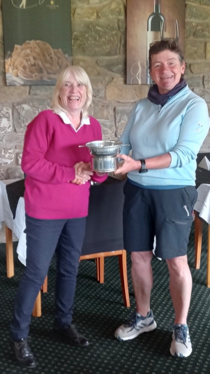 Trophy presentation to Midlands Vets Captain Fiona Johnston with Sal