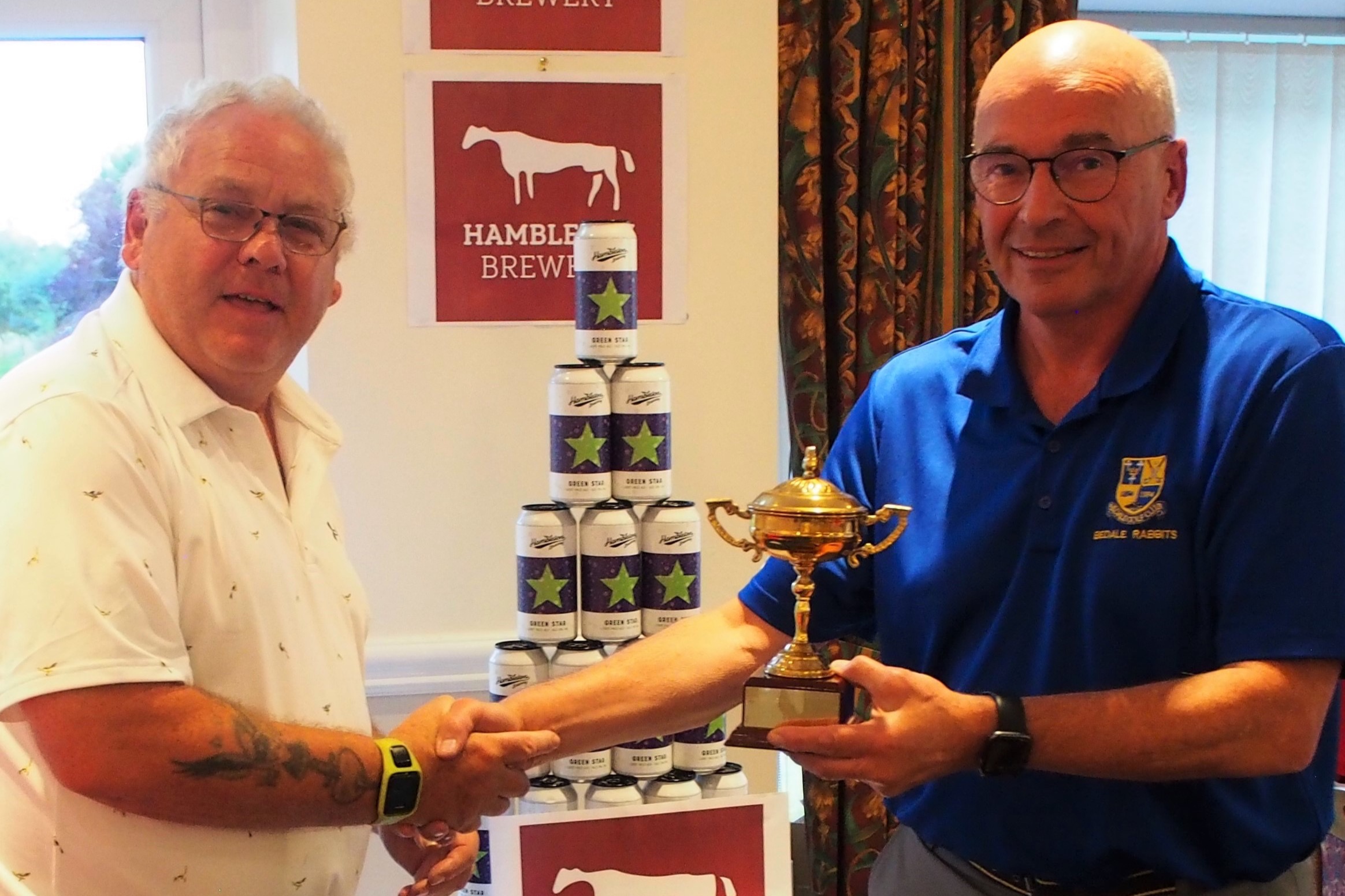 Left: Keith Hunt (TNGC Rabbits Captain 2022) Presents the Hambleton Cup to the Bedale Rabbits Captain.