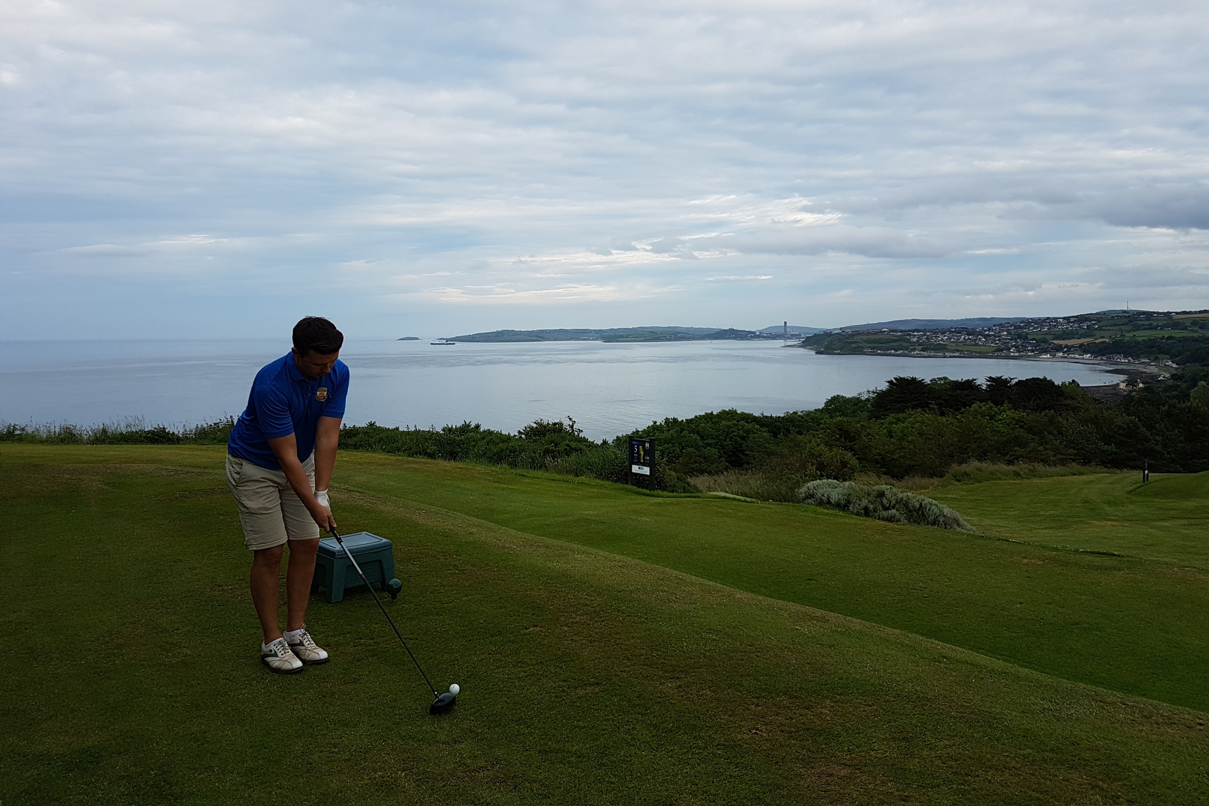 Teeing off on the 5th, with Islandmagee, Larne Golf Club and Larne in the distance